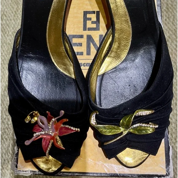 RARE Fendi Black Satin slide shoes with enamel and crystal flowers. Size 10 - Picture 2 of 9
